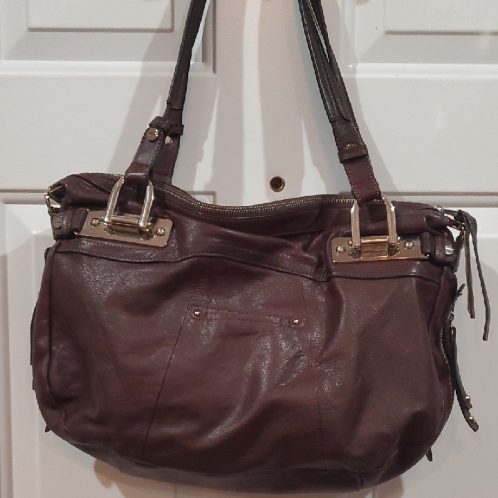 B. Makowsky Metallic and Brown Heavy Shoulder Bag 2 Outside Pockets 12 X16 - Picture 8 of 16